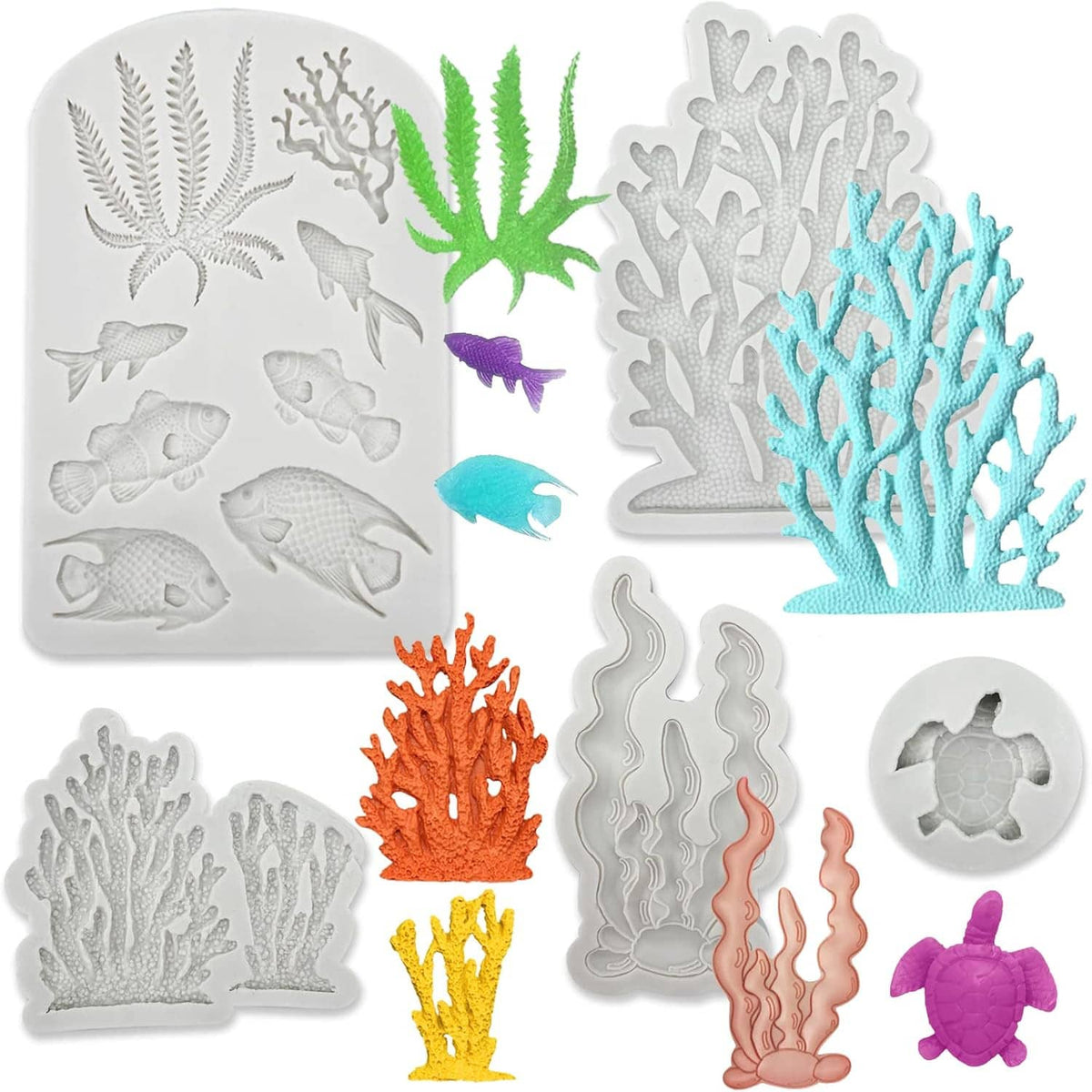 Sea-themed silicone mold set with colored coral, fish, seaweed, and turtle shape impressions