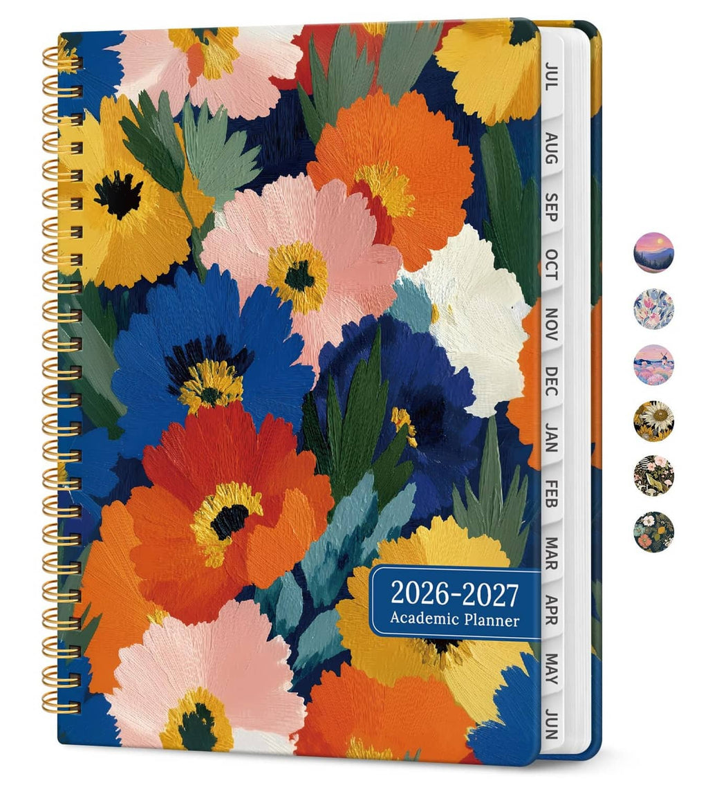 2026–2027 academic planner with vivid petals floral cover, spiral-bound and elastic band