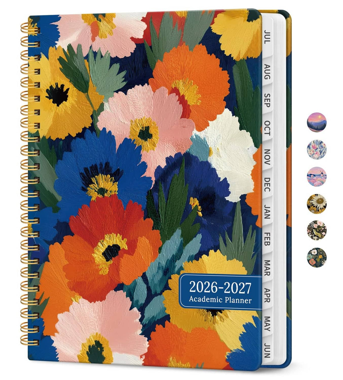 2026–2027 academic planner with vivid petals floral cover, spiral-bound and elastic band