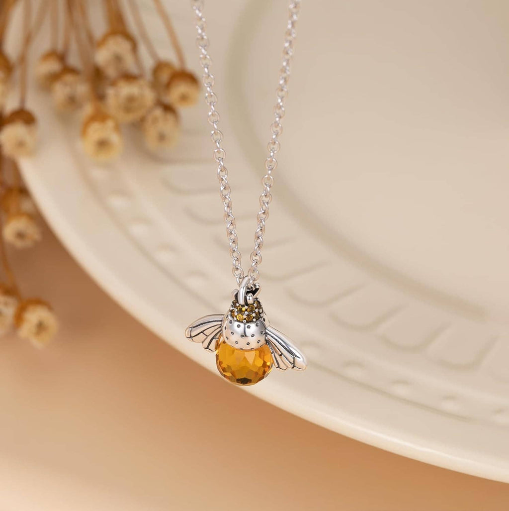Sterling silver bee choker necklace with amber crystal bee pendant and wings