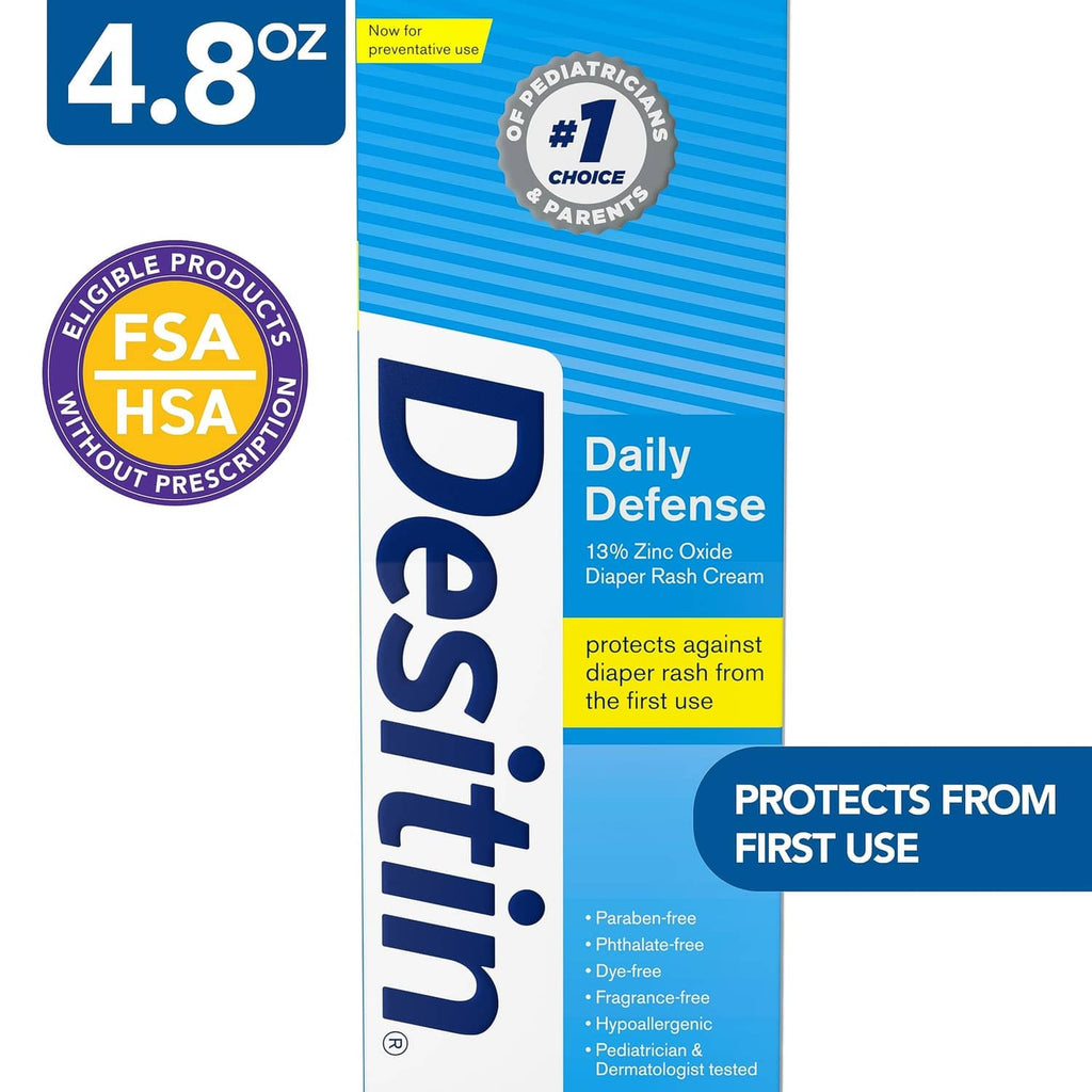Desitin Daily Defense diaper rash cream box close-up, 4.8 oz