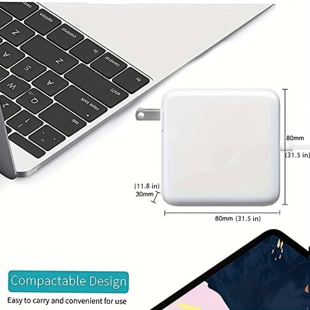 White laptop power adapter connected to a charging cable next to keyboard