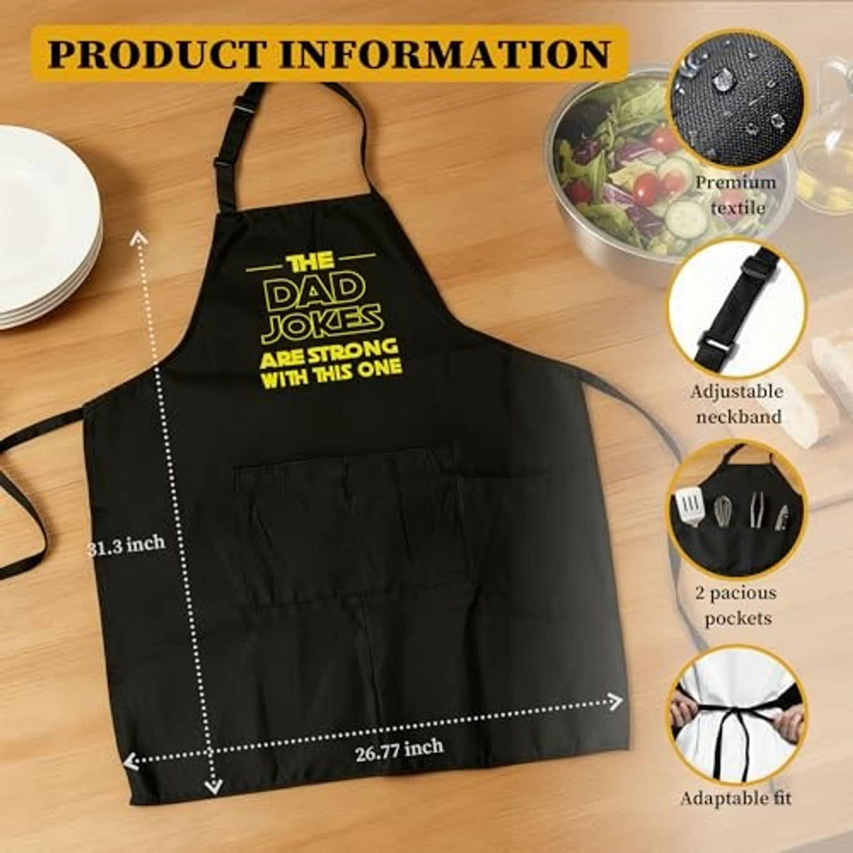 Black adjustable apron with large front pocket and multiple fit details