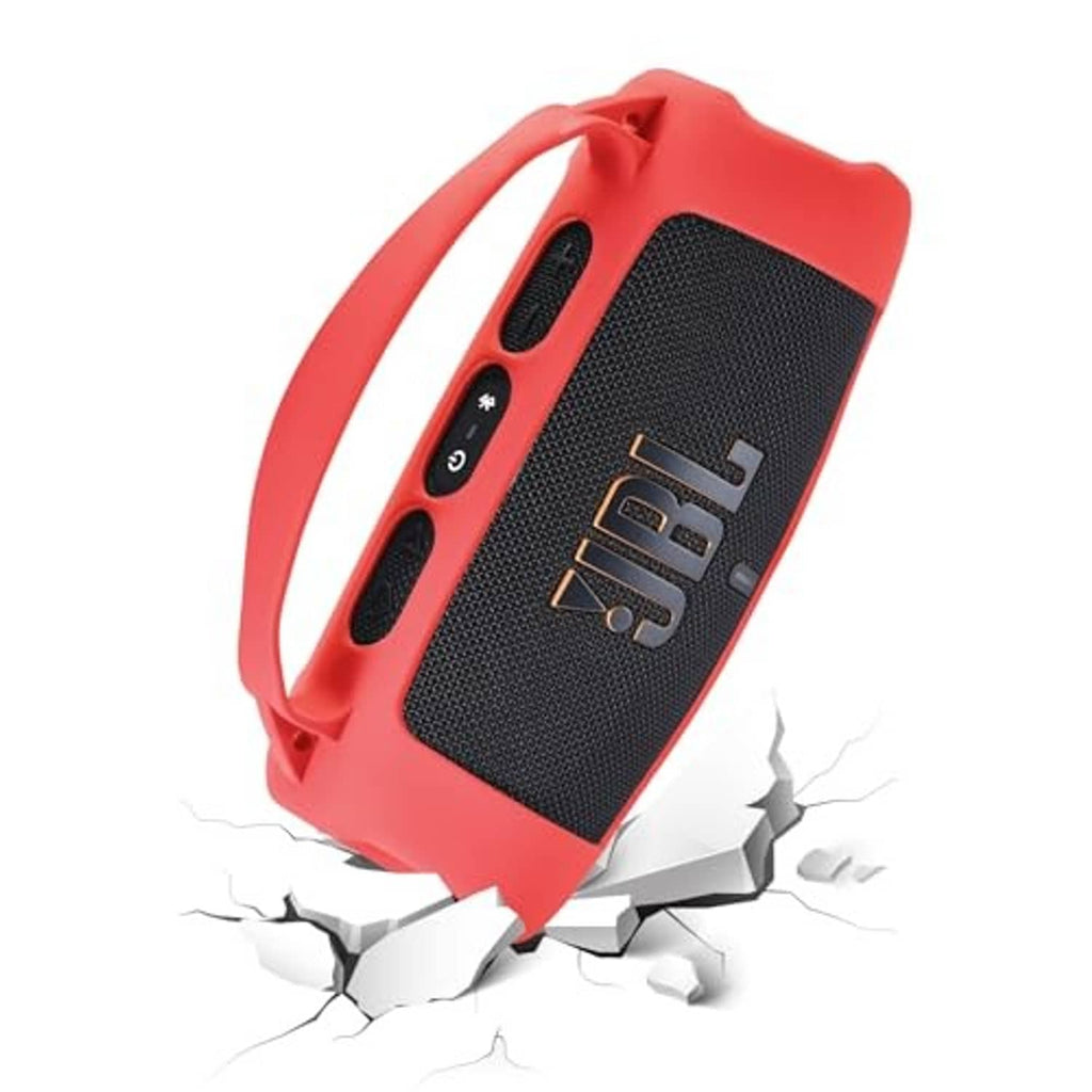 Red silicone speaker case close-up with speaker grille, button cutouts, JBL letters