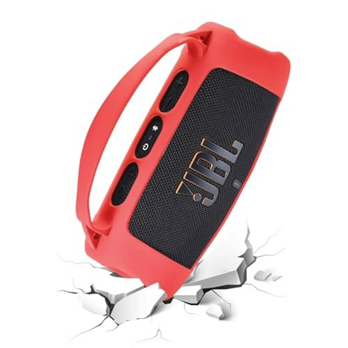 Red silicone speaker case close-up with speaker grille, button cutouts, JBL letters