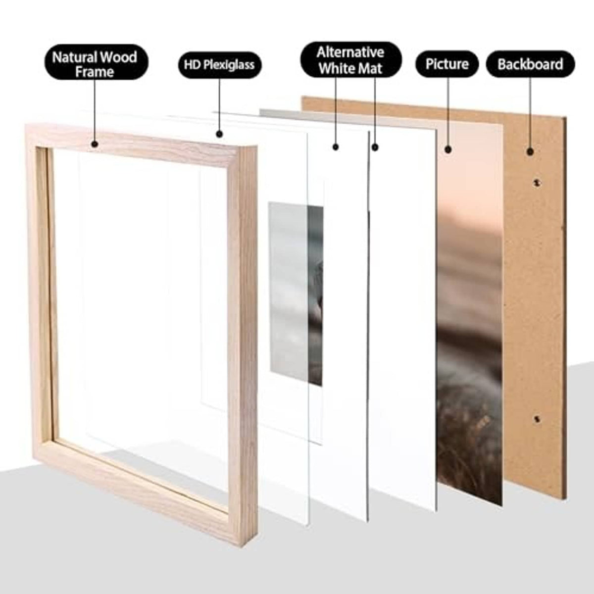 Natural wood square photo frame set shown from the side with clear front and backing