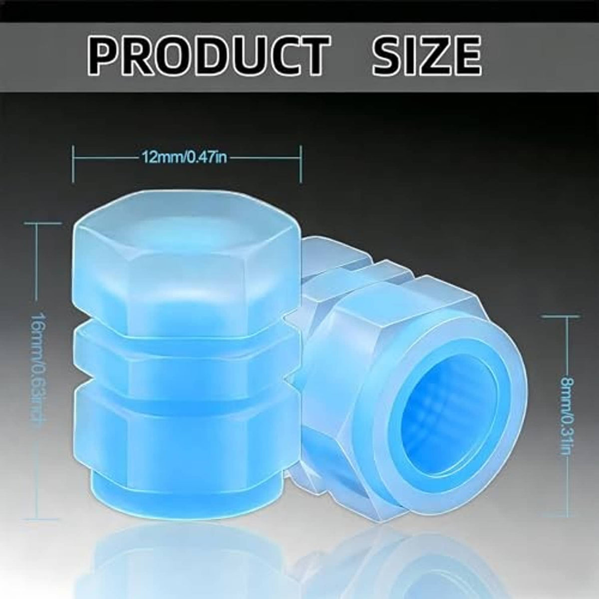 Blue translucent tire valve cap with dimensions and circular valve opening