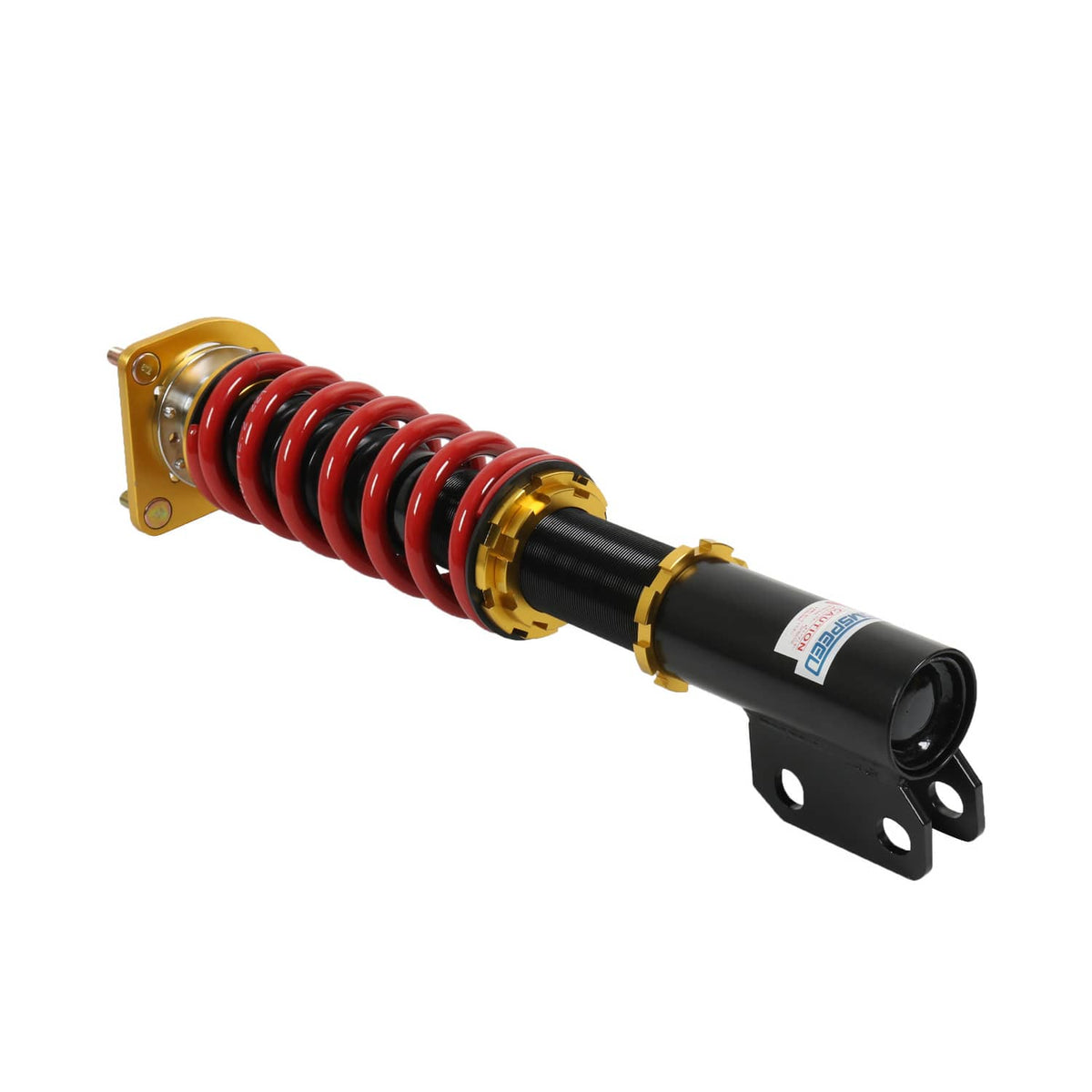 Coilover strut shock with red spring, gold adjuster, and black mounting bracket
