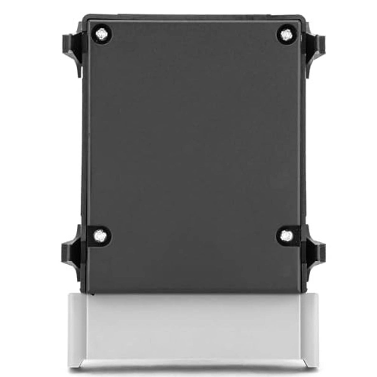 Power seat control switch module back plate with mounting holes, dark gray surface