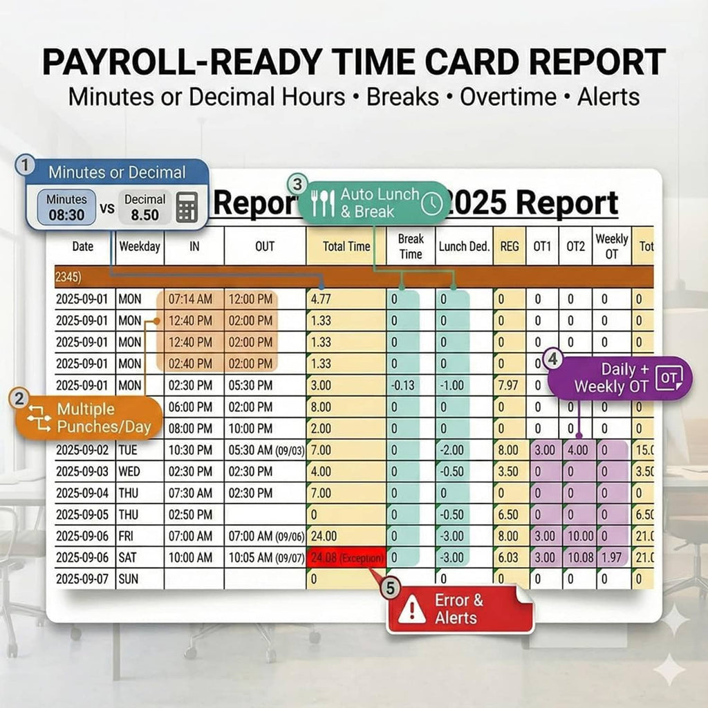 Payroll time card report screenshot with minutes, breaks, overtime, and alerts table