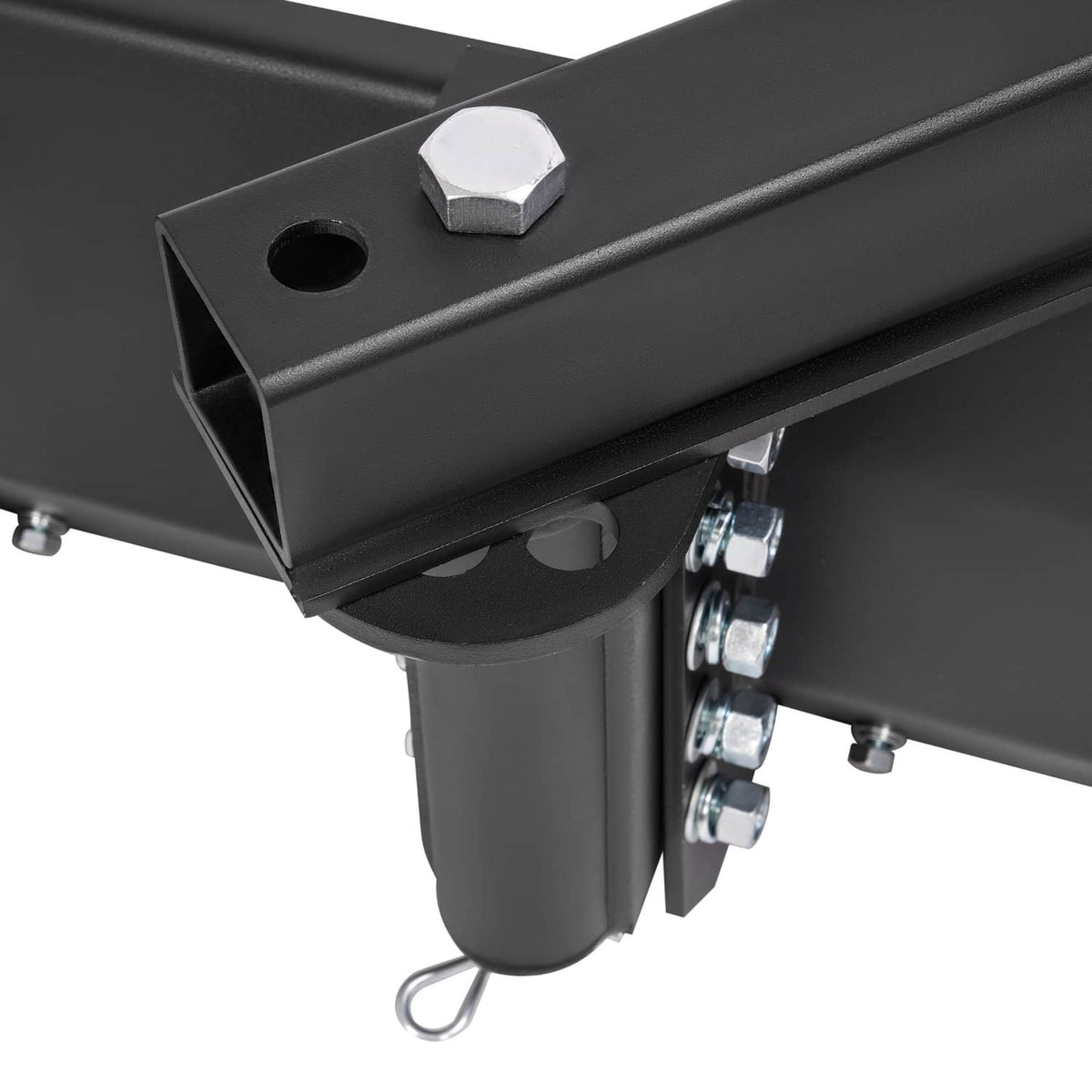 Black steel blade scraper support with round hole plate, hex bolt, and side hardware
