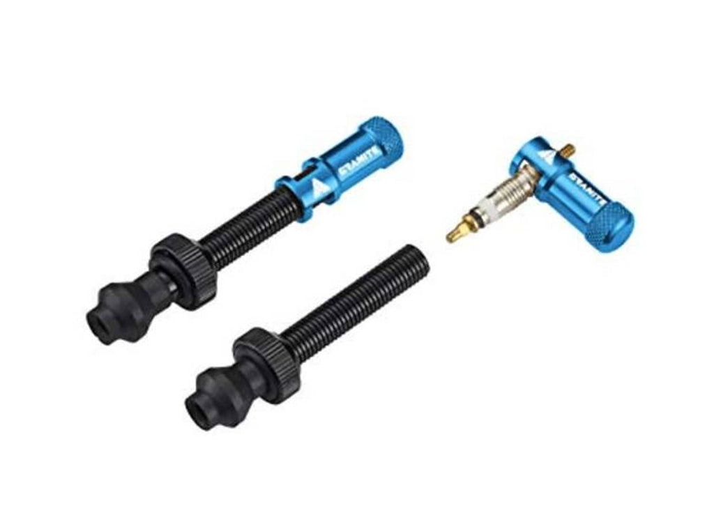 Two valve core remover caps with blue top and black threaded body; separate small part shown.