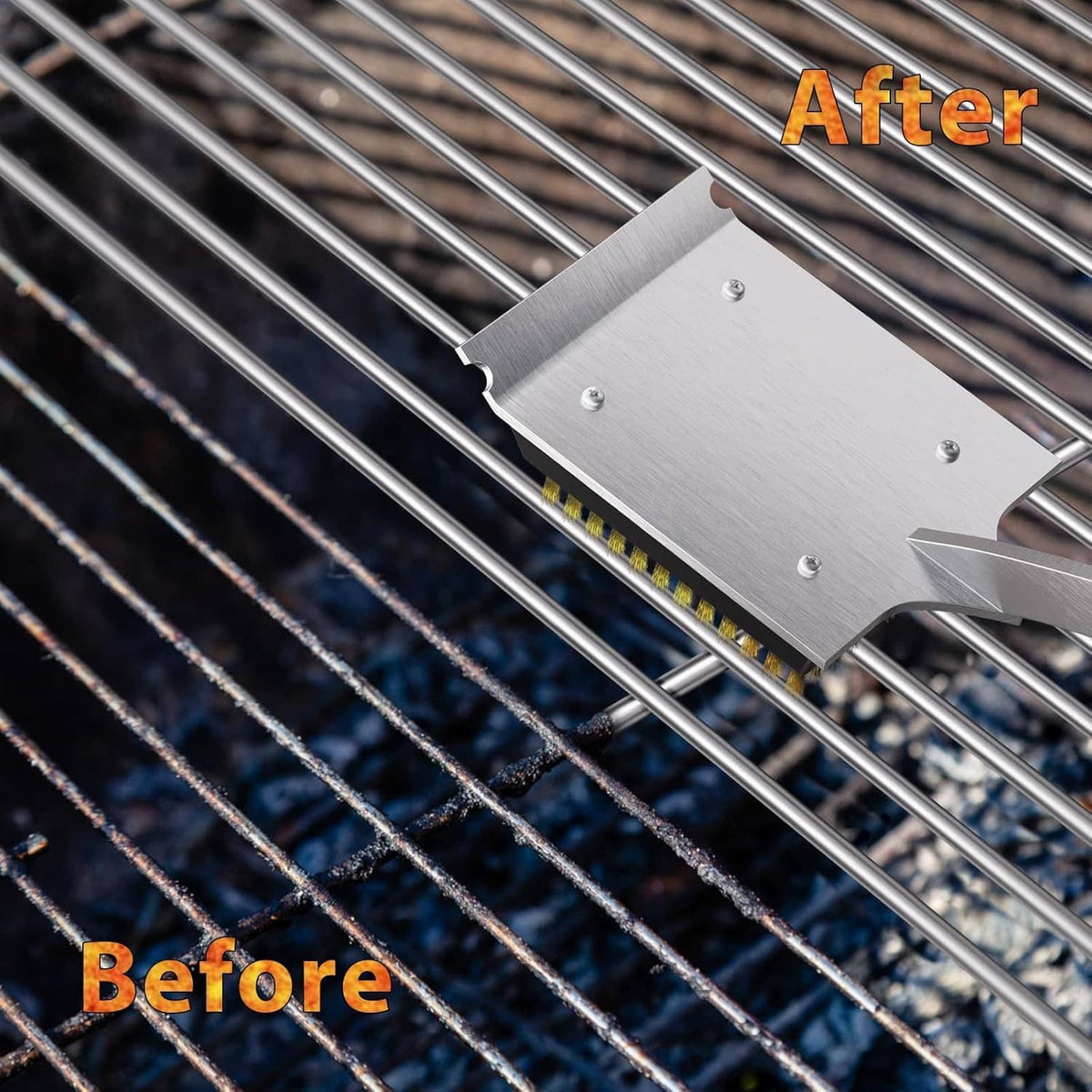 Copper wire grill brush head on grill grates with visible bristle edge