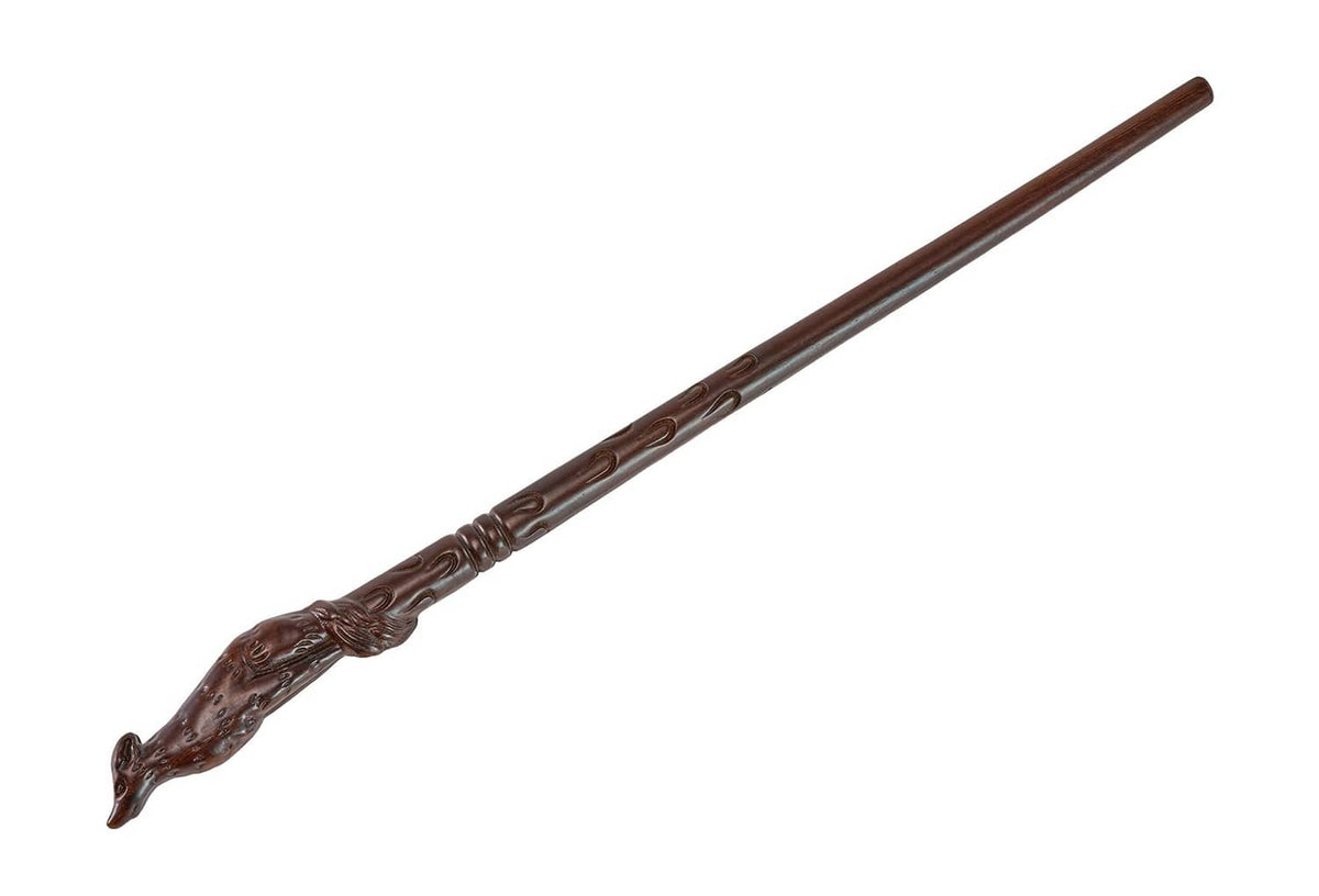 Dark brown wooden magic wand with detailed carvings along the shaft and animal top