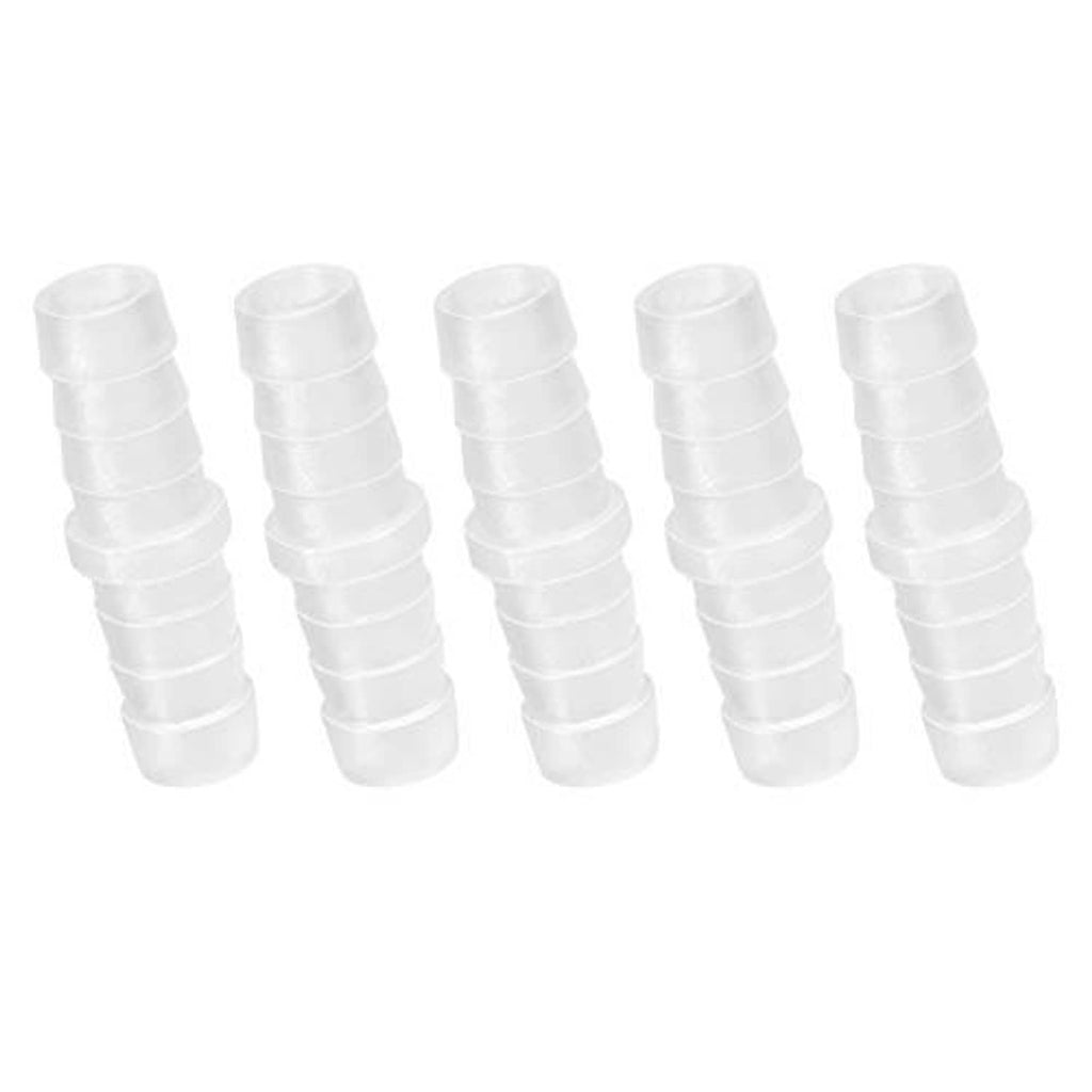 Set of white plastic hose barbed splicer coupler joints with 5/16 in barbed ends