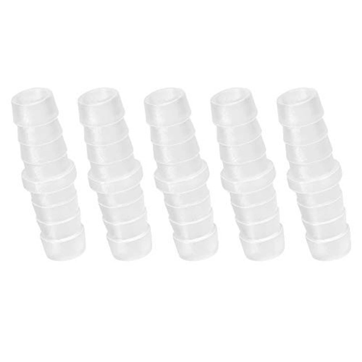 Set of white plastic hose barbed splicer coupler joints with 5/16 in barbed ends