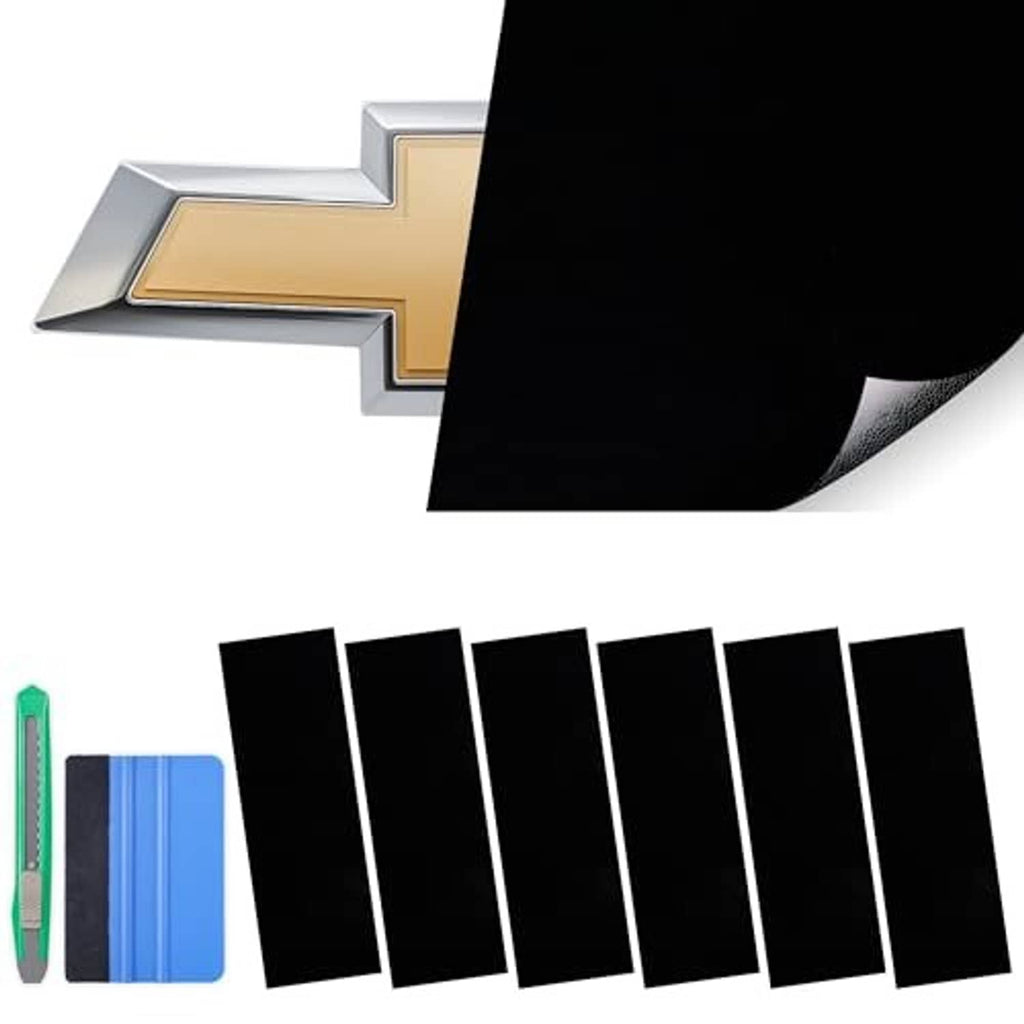 Set of glossy black emblem vinyl wrap pieces with bowtie emblem overlay panel.