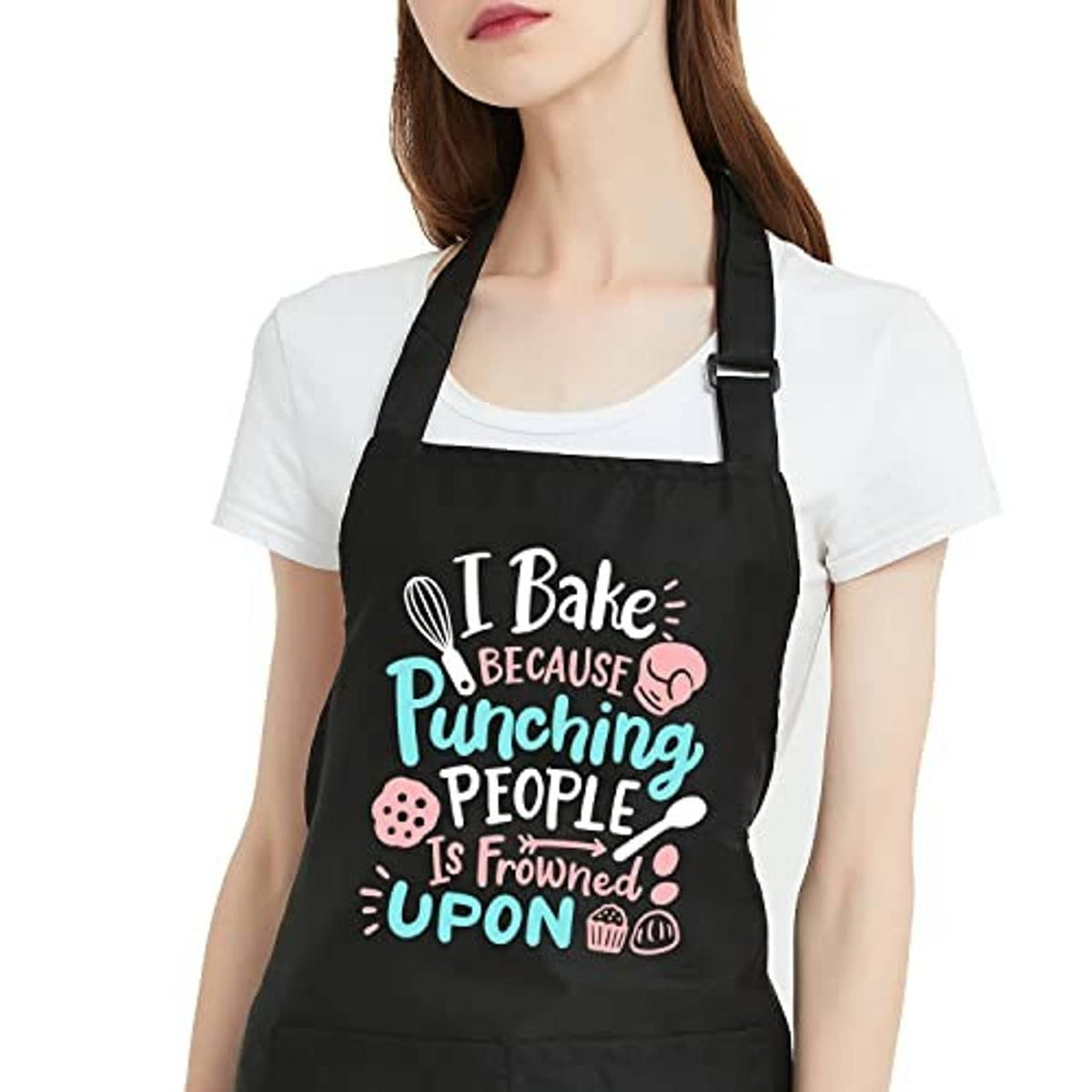 Black women's baking apron with colorful 'I Bake' slogan and adjustable strap