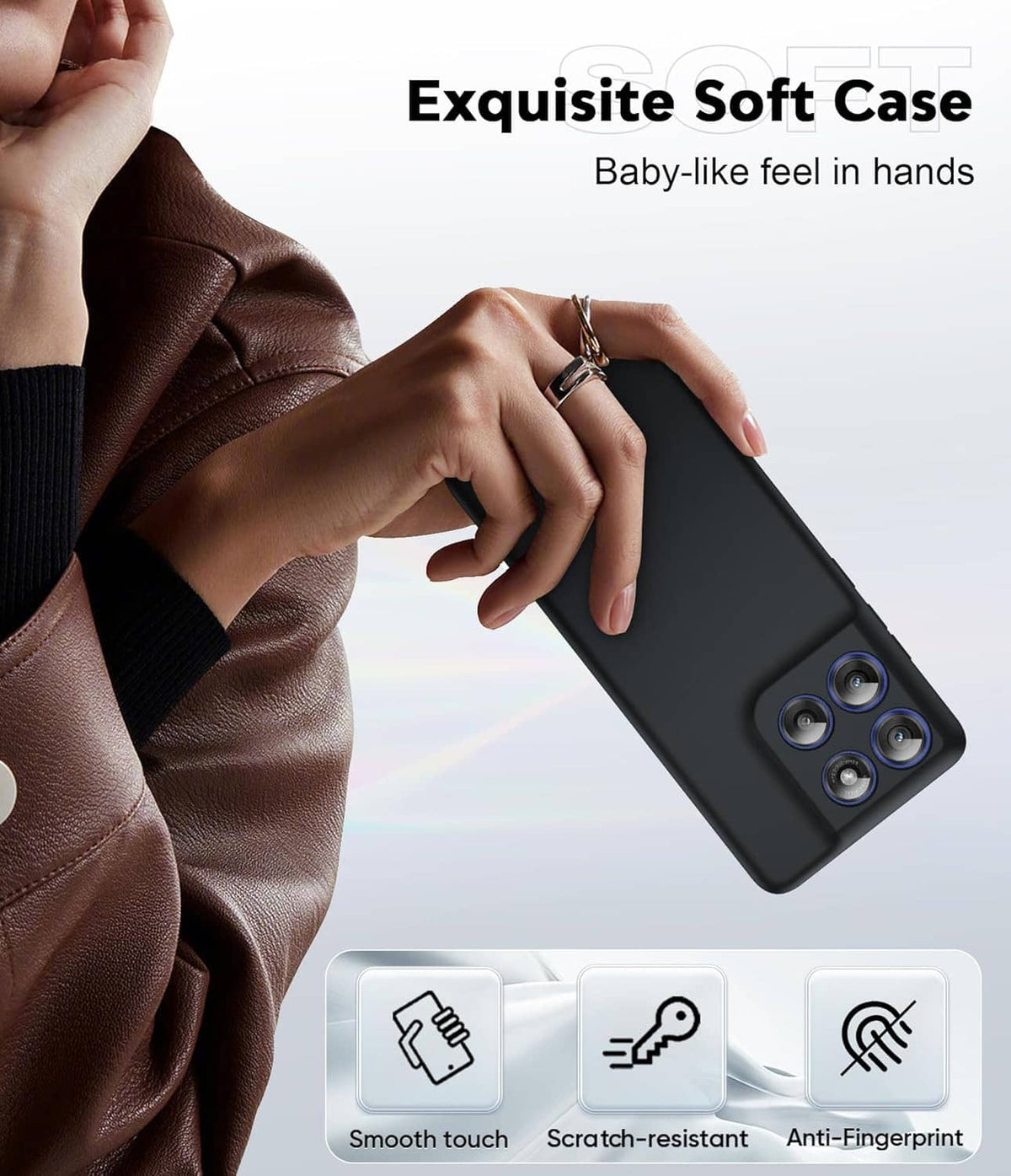Black soft-touch phone case with camera lenses visible and smooth hand grip