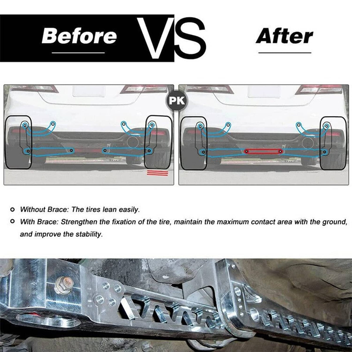 Rear suspension area showing control arm/bracing installed with anti-lean support