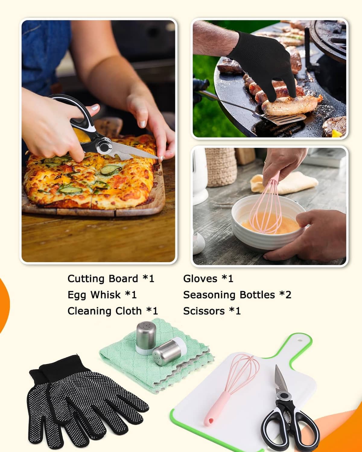 Cooking accessories kit with cutting board, gloves, egg whisk, cleaning cloth, scissors