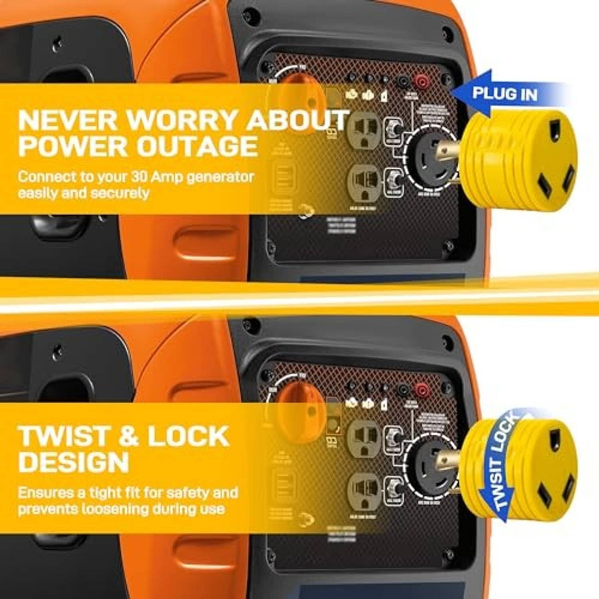 Yellow twist-lock RV adapter plug showing connector alignment for secure locking