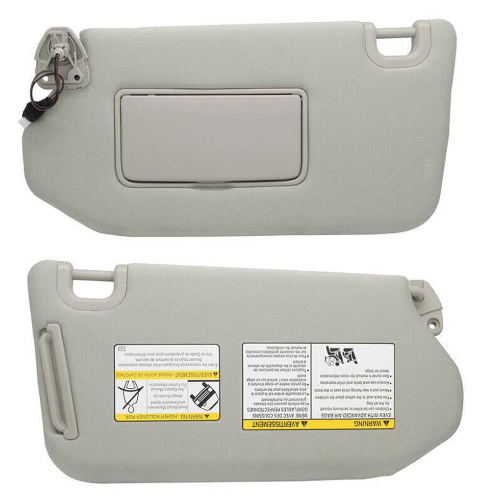 Gray sun visor with rectangular panel and lamp module, visible clips and wiring
