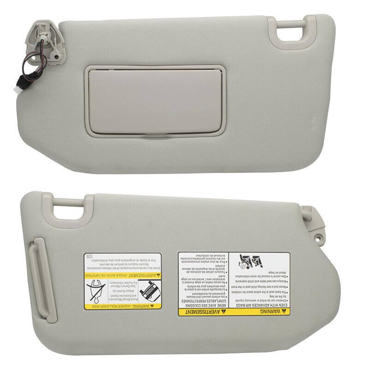 Gray sun visor with rectangular panel and lamp module, visible clips and wiring