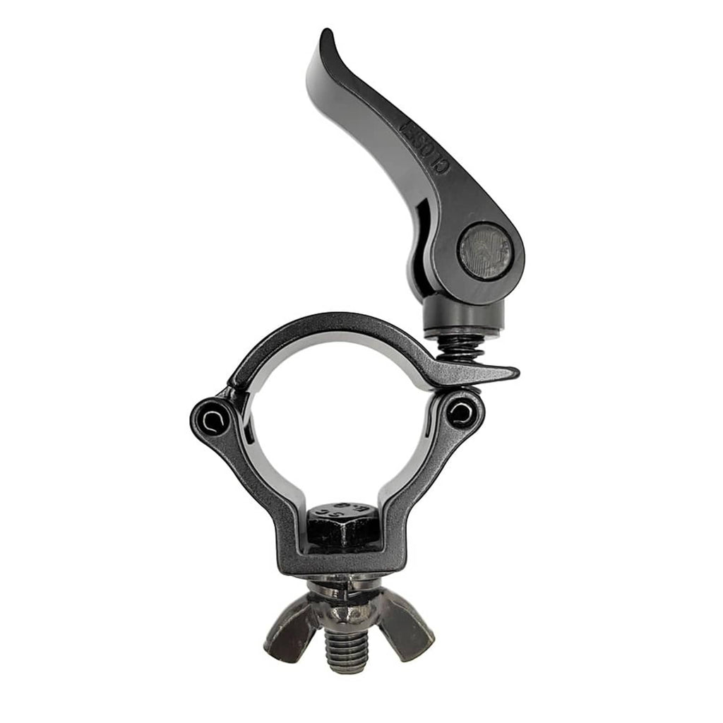 Black quick-release pipe clamp with curved yoke and tightening bolt posts