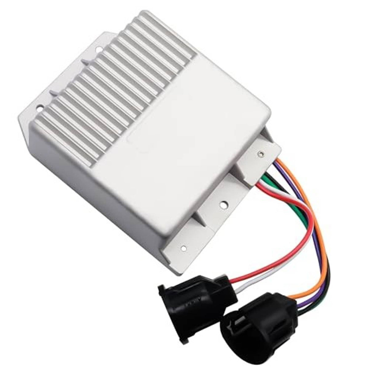 Ignition control module with finned housing, white cover, and multi-wire connector plugs