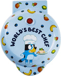 Light blue mini waffle maker lid with cartoon chef graphic and fruit icons