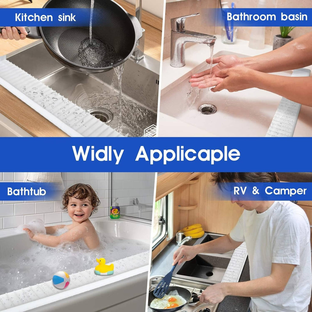 Transparent silicone sink edge protector installed on sink rim to reduce water spills