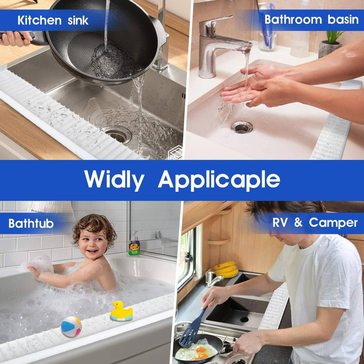 Transparent silicone sink edge protector installed on sink rim to reduce water spills