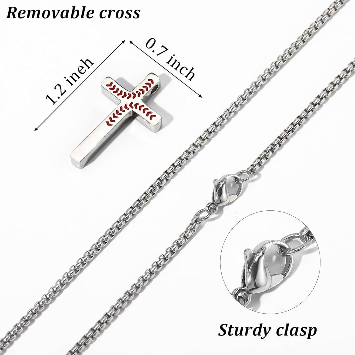 Silver baseball cross pendant necklace with sturdy clasp and chain close-up