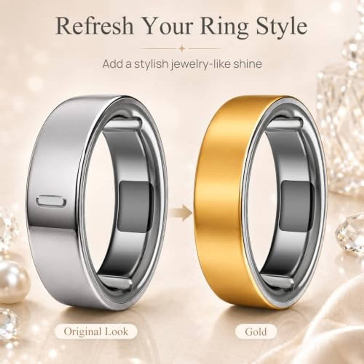 Oura ring skin covers in silver and gold finishes