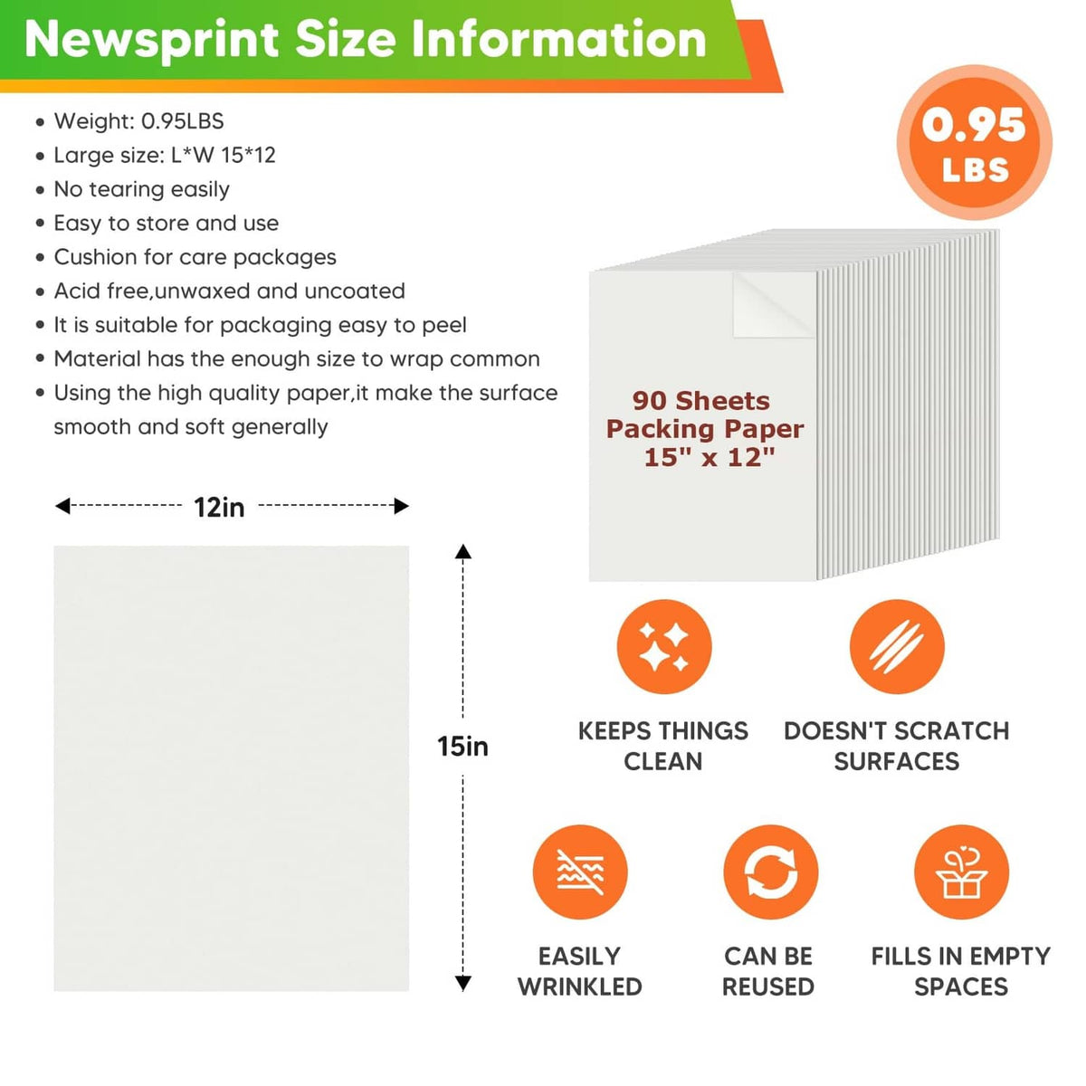 White packing paper size chart infographic for 15x12 in, 90-sheet pack