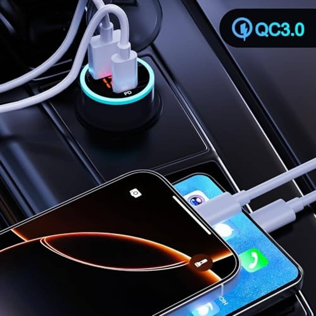 Black USB-C car charger installed in a dashboard outlet with blue LED charging screen