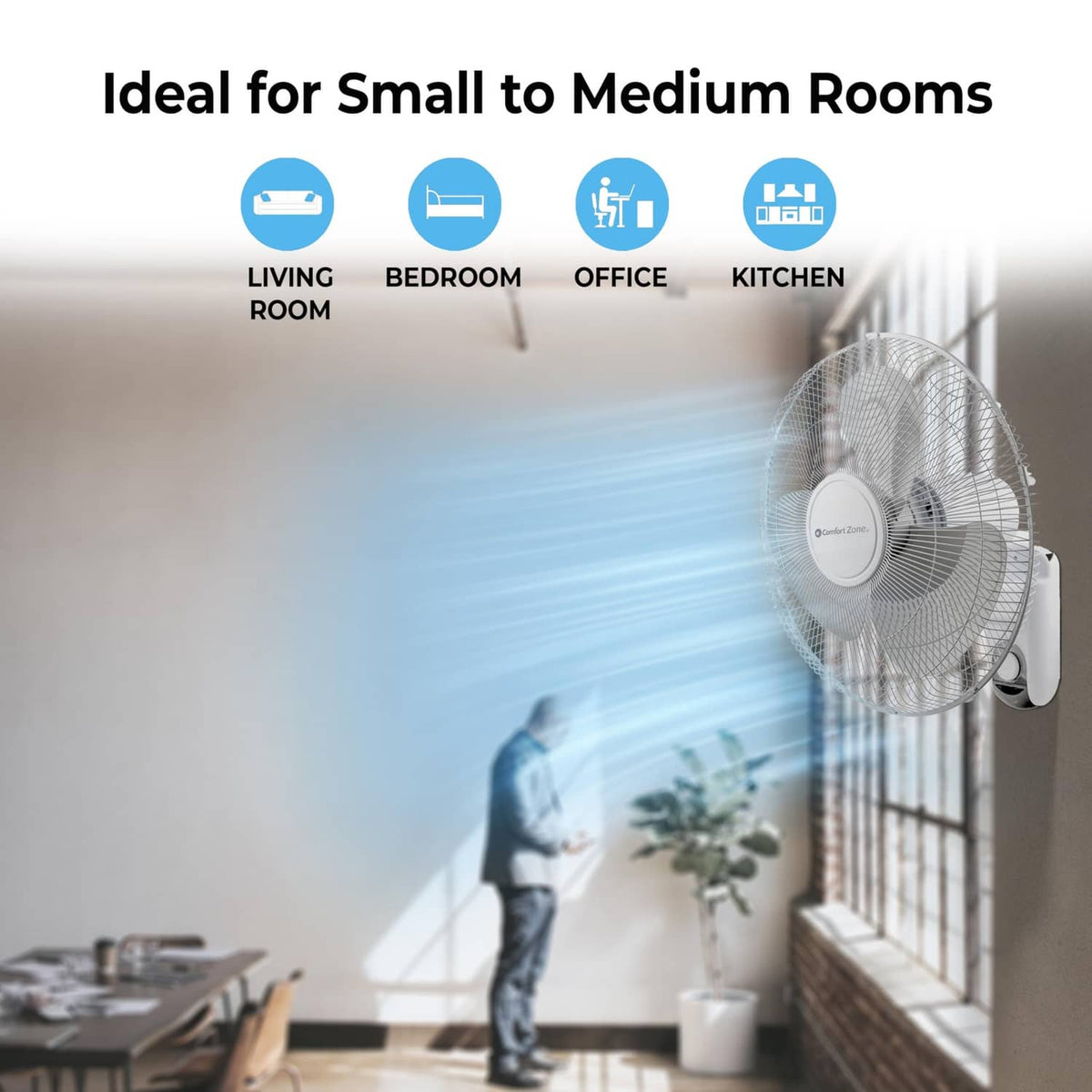 Comfort Zone wall mount fan blowing air with oscillation visible in airflow
