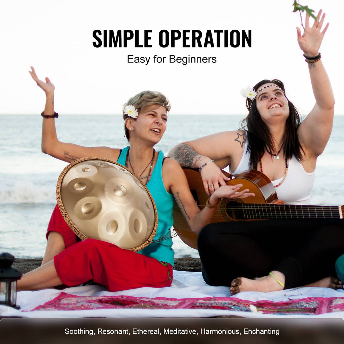 Handpan drum in players’ hands, golden tone surface with raised note dimples