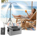 Portable gray misting cooler with upright mist stand and flexible hose