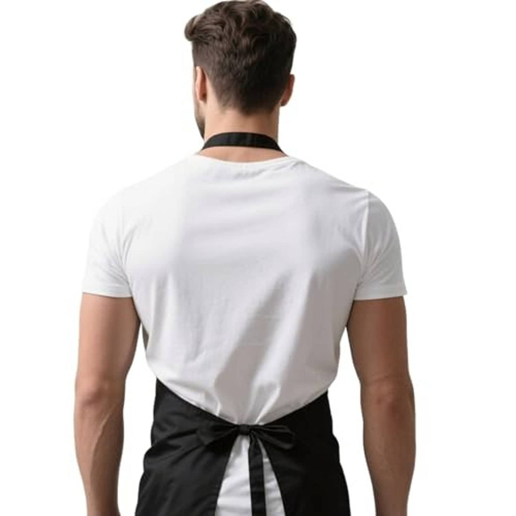 Back view of black grilling apron with adjustable neck strap and tied waist