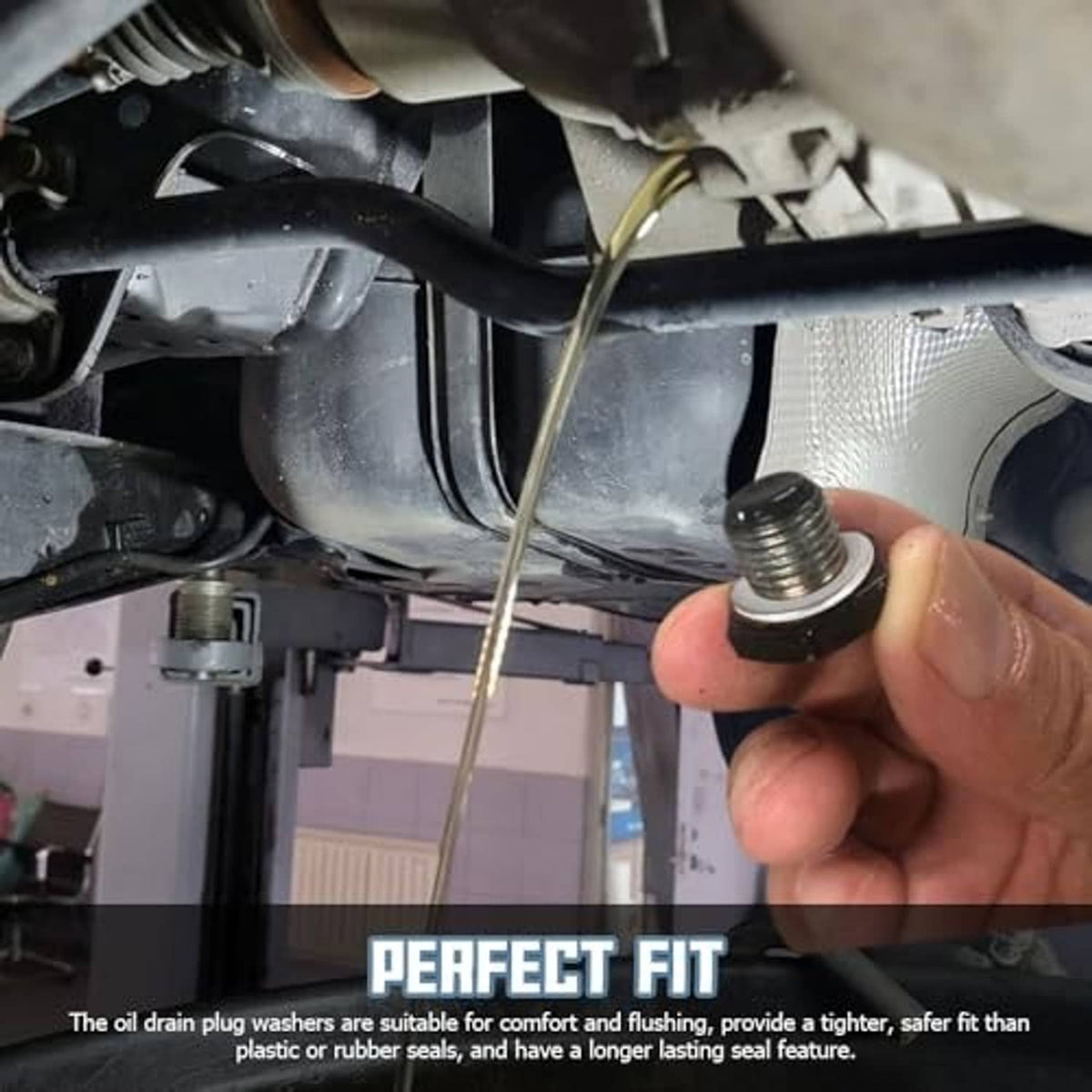Oil drain plug washer installation, silver threaded plug with gasket washer held by hand