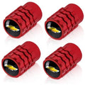 Set of four red tire valve stem caps with yellow lightning icons