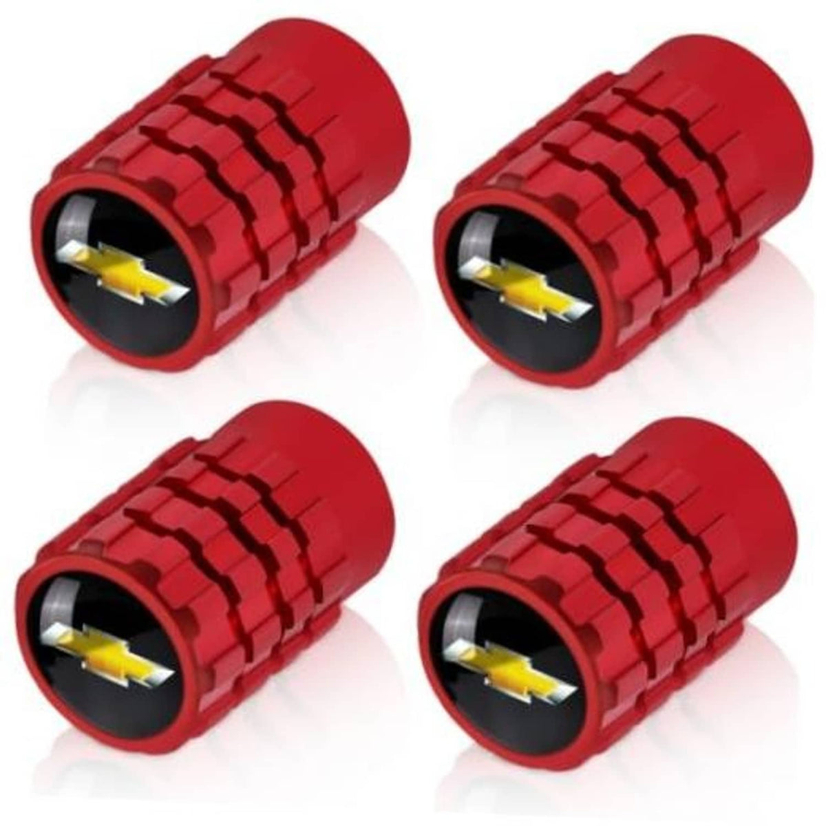 Set of four red tire valve stem caps with yellow lightning icons