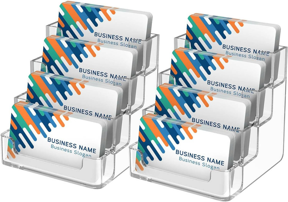 Four-tier clear acrylic business card holder with angled front slots and cards