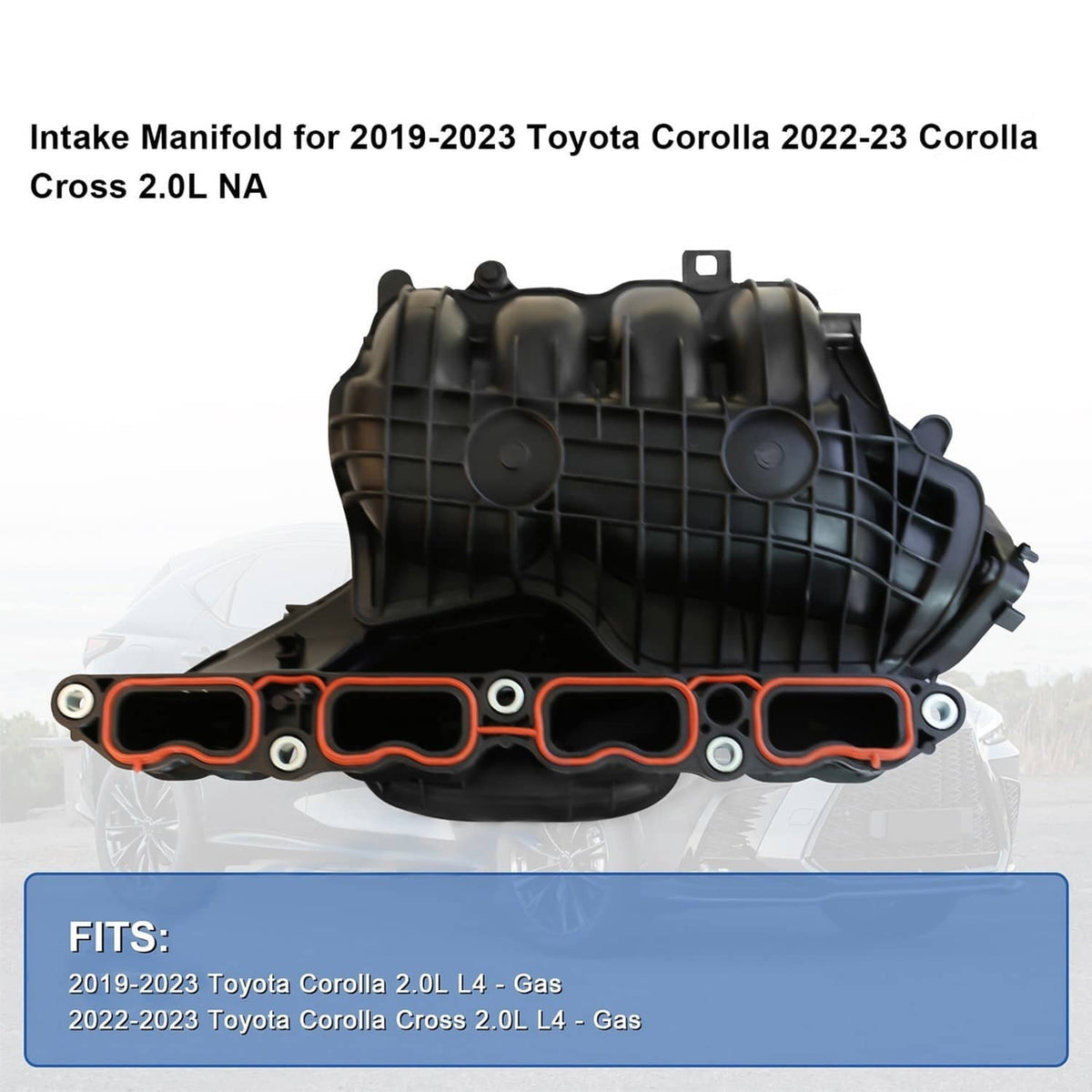 Black intake manifold with orange gasket outlines and four intake ports