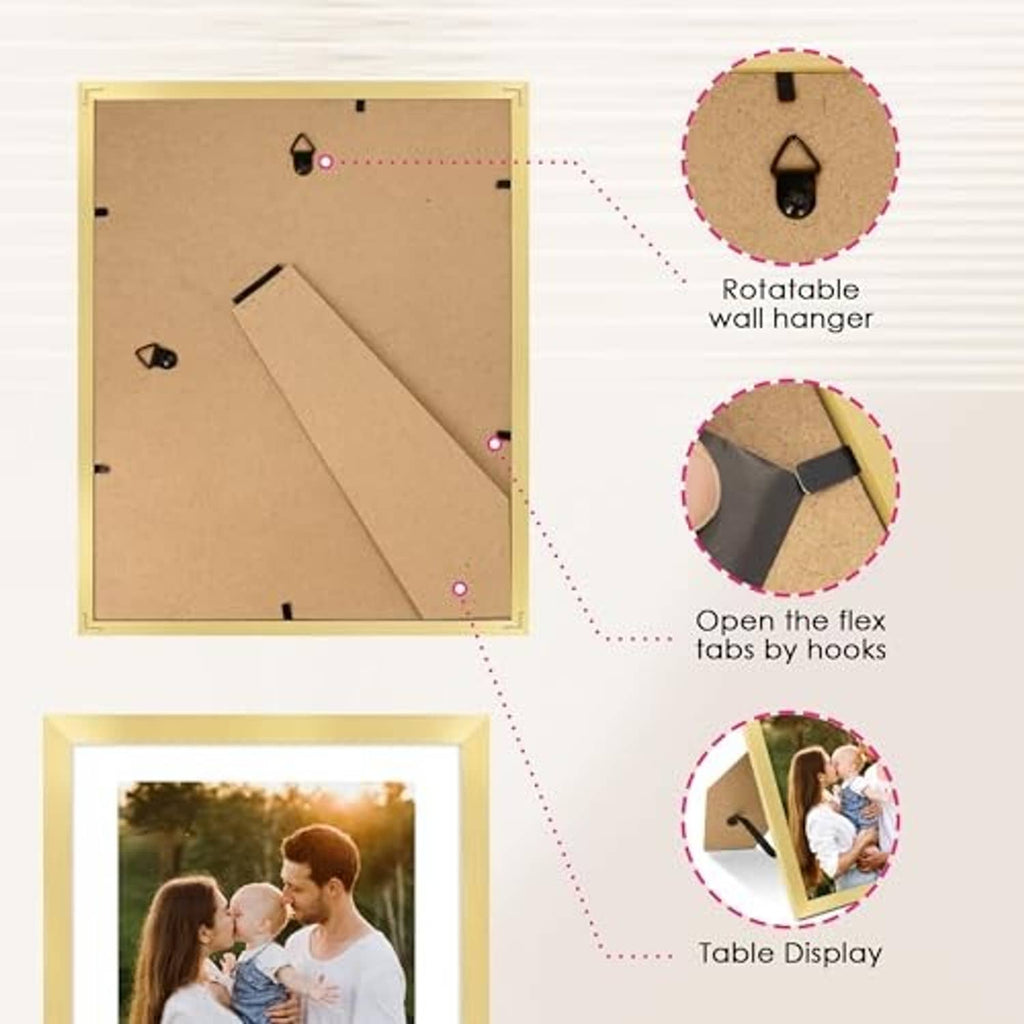 Back of gold picture frame showing rotatable wall hanger and open flex tabs
