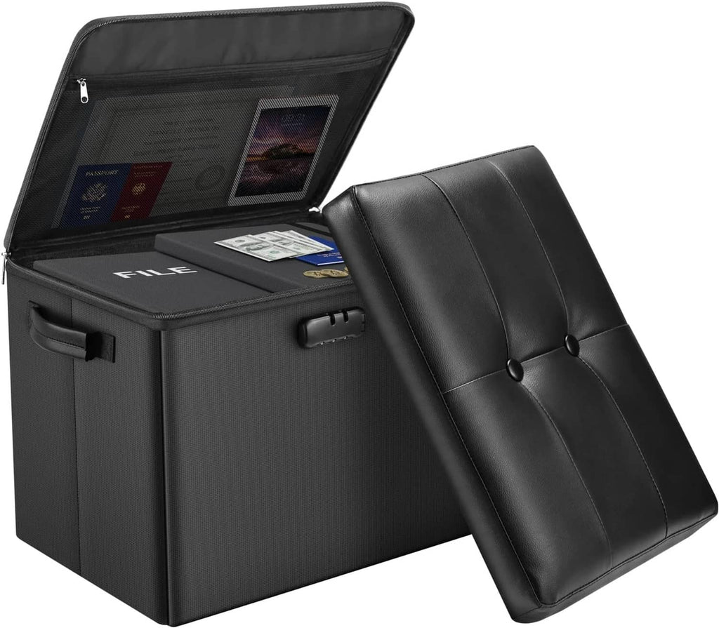 Black storage ottoman with open lid, padded top, lock latches and storage compartment.