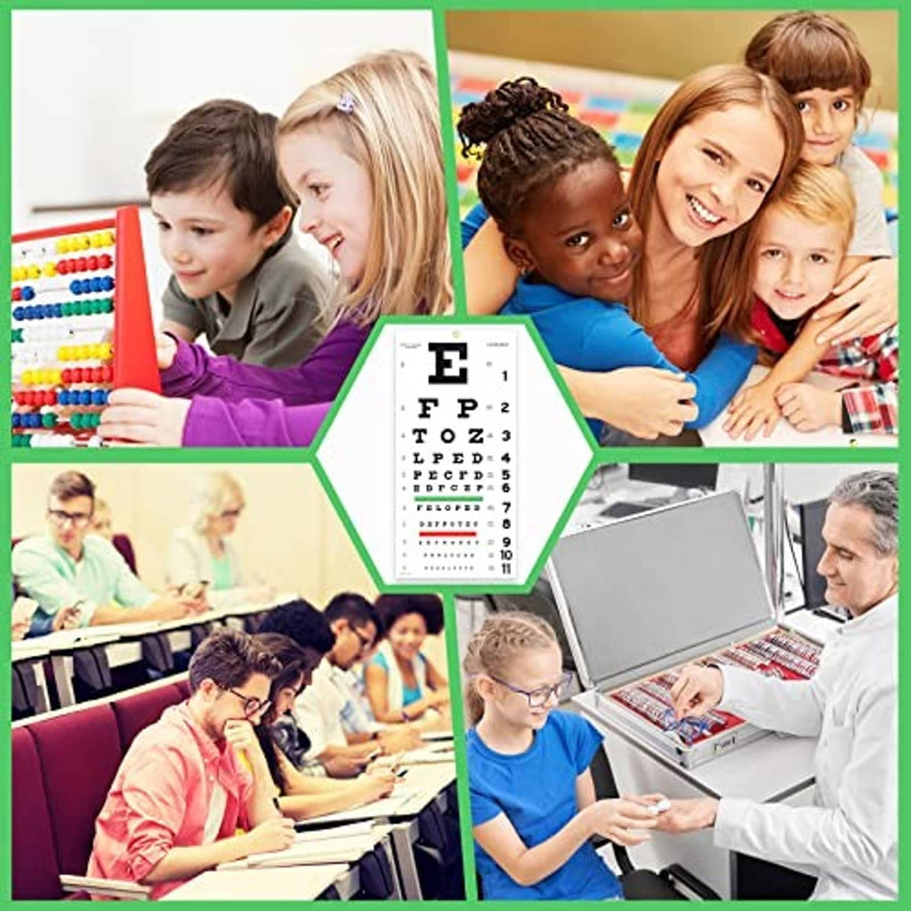Snellen eye chart collage featuring a small test chart with letters and numbers 1 to 11