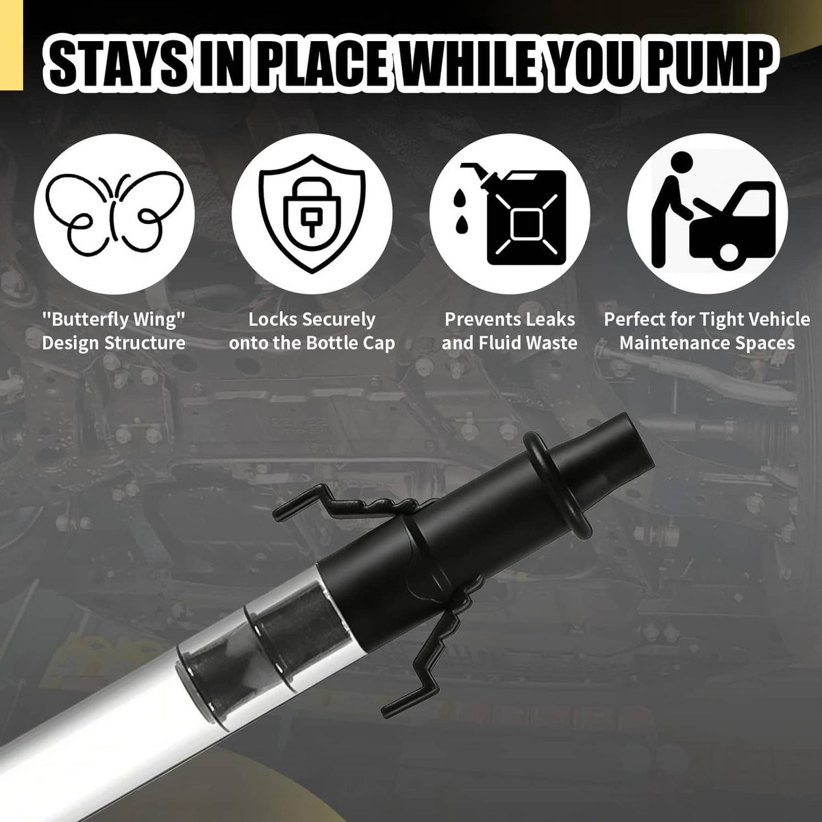 Black butterfly-wing plastic fitting on a fluid pump dispenser